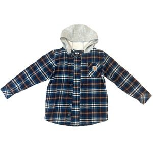Carhartt Kids Hooded Flannel Shirt Jacket Plaid Blue Brown Size 8-10